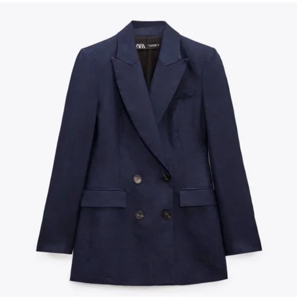 Zara Women's 100% linen Navy Blazer size large NWT - Picture 2 of 6